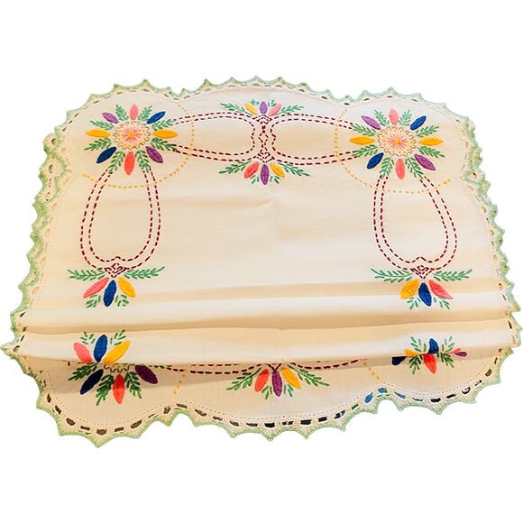 Vintage 40"x17" Hand-Embroidered Floral Boho Tablecloth Runner w/Crochet Trim - Picture 4 of 11